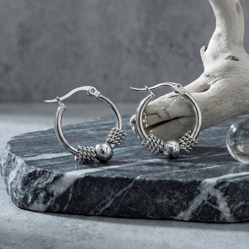 Silver Beaded Hoop Earrings Stainless Steel Textured Boho Minimalist Huggie 0.9" - Picture 11 of 15